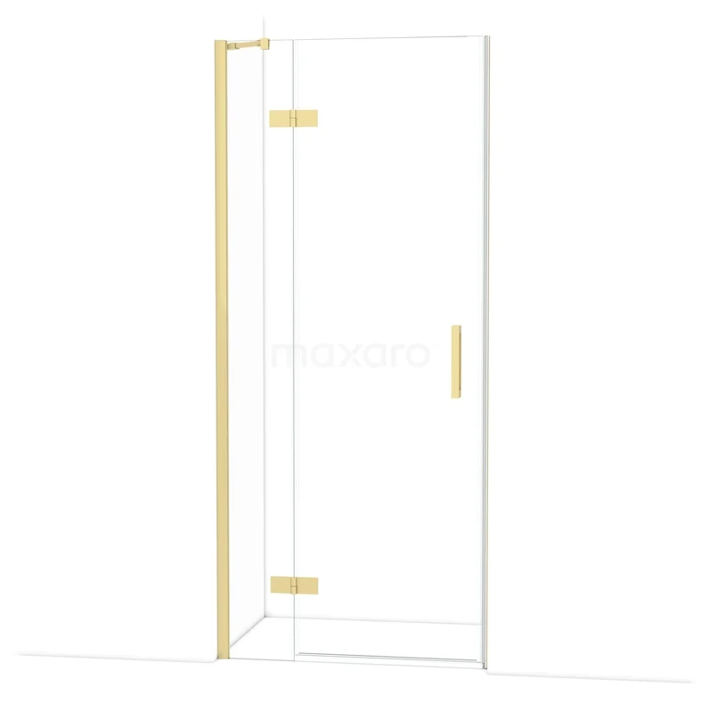 Diamond Douchedeur | 90 cm Lichtgoud Helder glas Draaideur DDB21361210LG Glazen douchedeur met goudkleurige scharnieren en handgreep, strak ontwerp, geschikt voor een moderne badkamer.