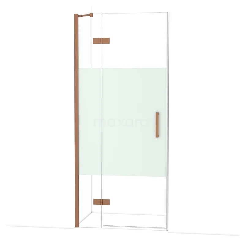 Diamond Shower door | 90 cm Copper Clear with matt strip Pivot door DDB21361213KP Glazen douchedeur met koperkleurige scharnieren en mat glazen paneel, perfect voor een stijlvolle badkamer.