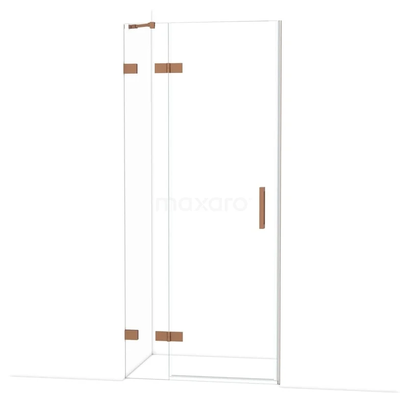 Diamond Douchedeur | 90 cm Koper Helder glas Draaideur DDB21361220KP Glazen douchedeur met hoekprofiel, heldere afwerking en roségouden scharnieren voor een stijlvolle badkamer.