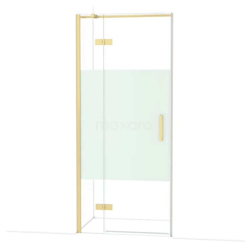 Diamond Shower door | 90 cm Light gold Clear with matt strip Pivot door DDB21361313LG Glazen douchedeur met goudkleurig frame en mat strookdetail, ideaal als stijlvolle badkamerdeur.