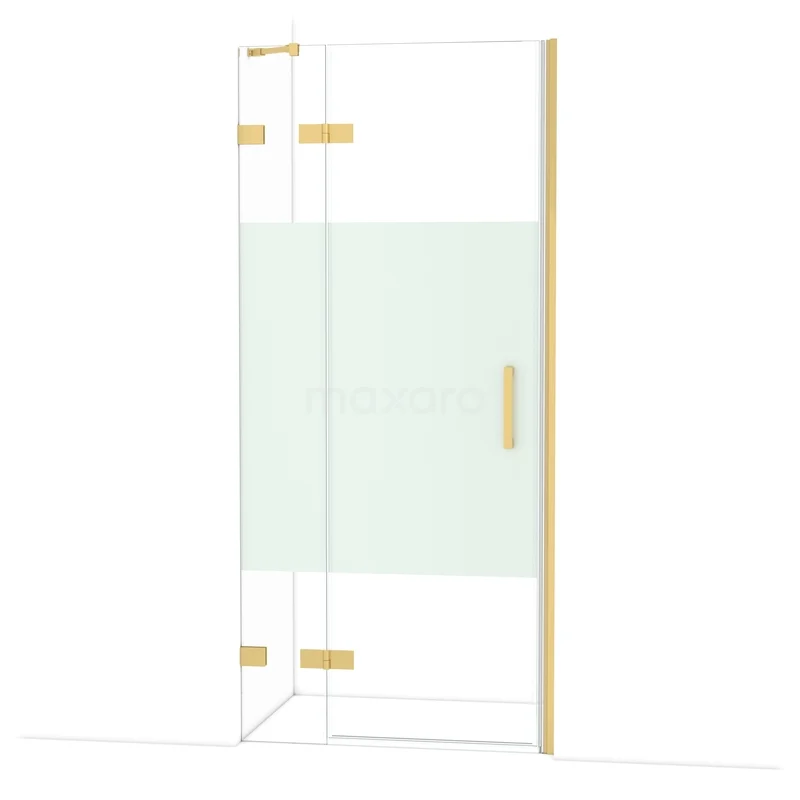 Diamond Douchedeur | 90 cm Goud Helder met matte strook Draaideur DDB21362223GG Douchedeur met goudkleurige accenten, helderglas en deels mat glazen paneel, perfecte toevoeging aan een moderne badkamer.