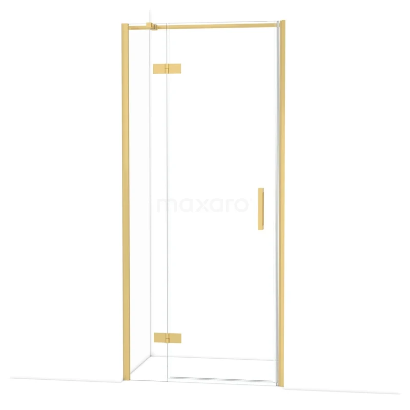 Diamond Douchedeur | 90 cm Goud Helder glas Draaideur DDB21362310GG Douchedeur met goudkleurig frame, hoekig ontwerp en glazen panelen, perfect voor een luxe badkamerstijl.