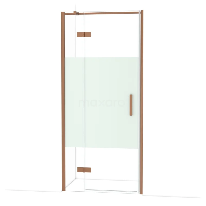 Diamond Douchedeur | 90 cm Koper Helder met matte strook Draaideur DDB21362313KP Douchedeur hoekopstelling met koperkleurig frame, glazen panelen en moderne afwerking, ideaal voor een stijlvolle badkamer.