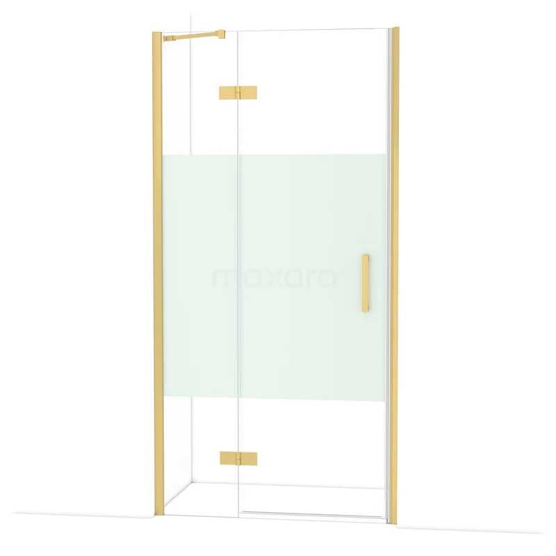 Diamond Shower door | 100 cm Gold Clear with matt strip Pivot door DDB21462213GG Glazen douchedeur met goudkleurig frame, scharnieren en handgreep; stijlvol design, perfect voor moderne badkamers.