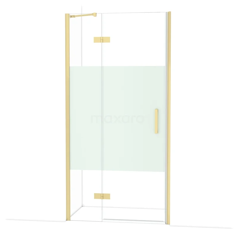 Diamond Shower door | 100 cm Light gold Clear with matt strip Pivot door DDB21462213LG Goudkleurige douchecabine met transparant glas en mat strookdetail, ideaal voor een stijlvolle badkamerinrichting.