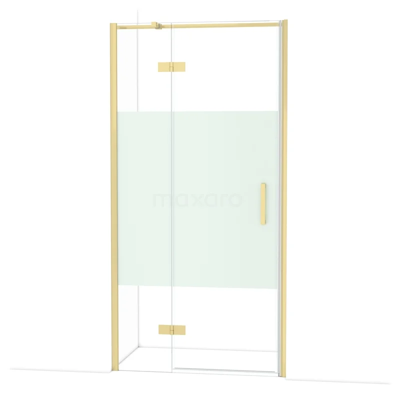 Diamond Shower door | 100 cm Light gold Clear with matt strip Pivot door DDB21462313LG Glazen douchecabine met mat gouden frame, helder glas en mat privacypaneel, ideaal als luxe toevoeging in de badkamer.