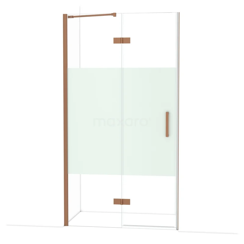Diamond Shower door | 110 cm Copper Clear with matt strip Pivot door DDB21651213KP Glazen douchedeur met mat witte folie, koperen accenten en stevig handvat, perfect voor een moderne badkamer.