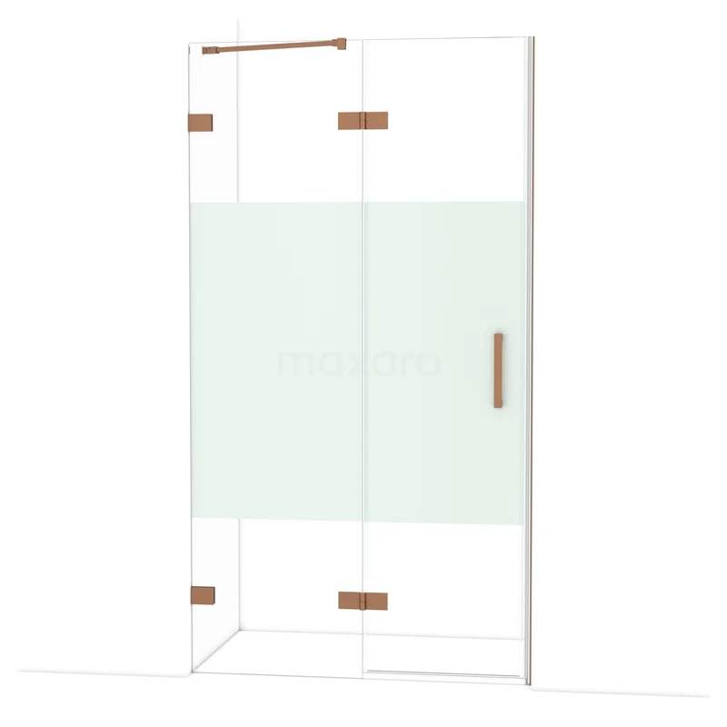 Diamond Douchedeur | 110 cm Koper Helder met matte strook Draaideur DDB21651223KP Heldere hoekdouche met matglasdetail, messing accenten en strakke lijnen; perfecte toevoeging aan een stijlvolle badkamer.