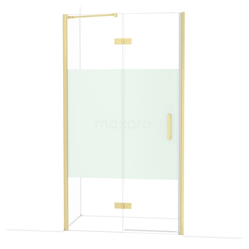 Diamond Shower door | 110 cm Light gold Clear with matt strip Pivot door DDB21652213LG Douchedeur met goudkleurig frame, helder glas en matte strook, ideaal voor een luxe badkamerstijl.
