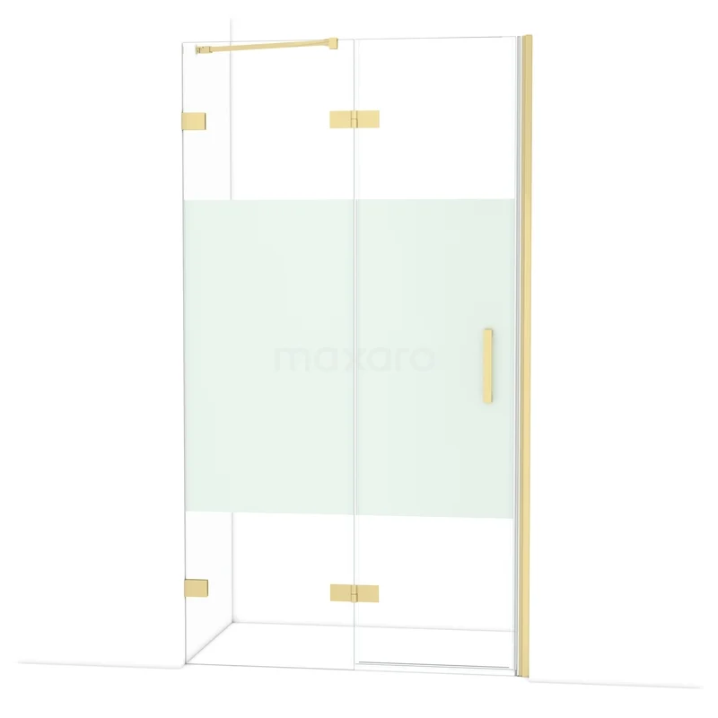 Glazen douchewand met mat witte strook, goudkleurige scharnieren en handgreep, perfect ontworpen voor een luxe badkamer.