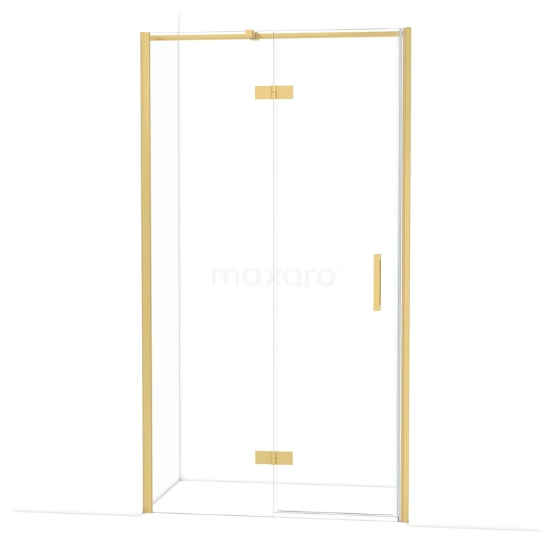 Douchecabine goudkleurig met glazen wanden en scharnieren, luxe design voor een moderne badkamer.