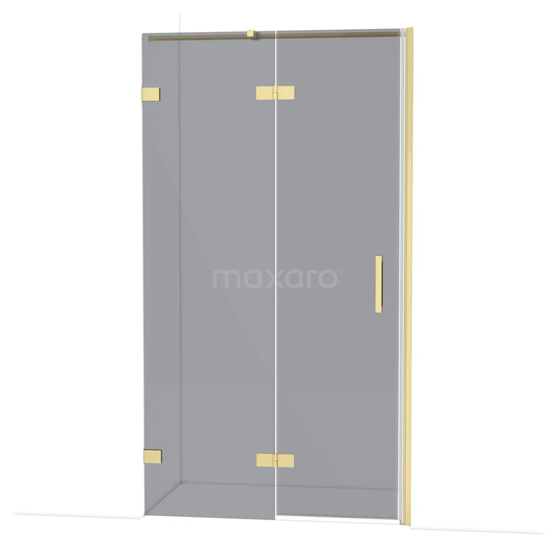 Glazen douchedeur met goudkleurige scharnieren en handgreep, luxe design voor een moderne badkamer.