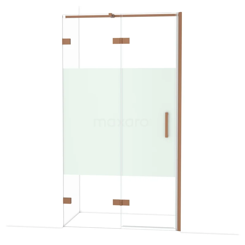 Diamond Shower door | 110 cm Copper Clear with matt strip Pivot door DDB21652323KP Glazen douchewand met mat middensegment, koperkleurige profielen en scharnieren, ideaal voor een stijlvolle badkamer.