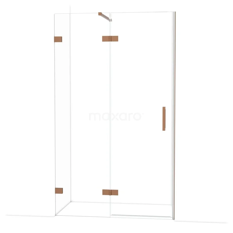 Diamond Douchedeur | 120 cm Koper Helder glas Draaideur DDB21661120KP Glazen douchecabine met hoekinstap, transparant design, detail in koperkleurige scharnieren, ideale aanvulling voor moderne badkamer.