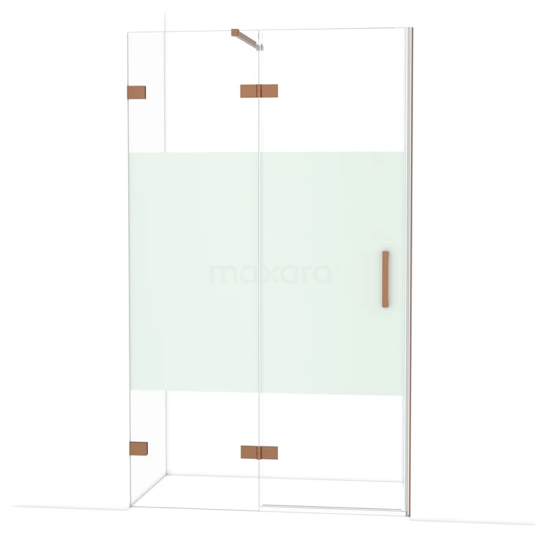 Diamond Douchedeur | 120 cm Koper Helder met matte strook Draaideur DDB21661123KP Glazen douchecabine met mat glazen strook, messing accenten en hoekontwerp geschikt voor moderne badkamers.