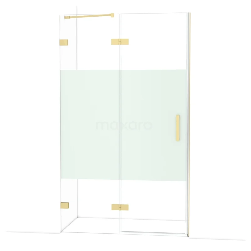 Diamond Douchedeur | 120 cm Lichtgoud Helder met matte strook Draaideur DDB21661223LG Glazen douchewand met mat melkglas en goudkleurige scharnieren, ideaal voor een luxe badkamer.