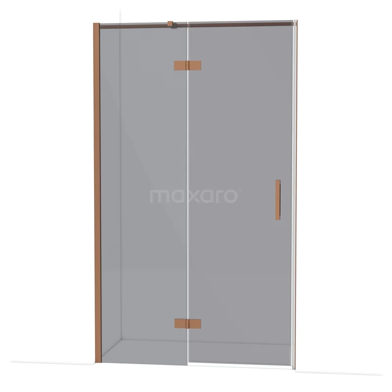 Diamond Douchedeur | 120 cm Koper Rookglas Draaideur DDB21661311KP Glazen douchewand met schuifdeur, minimalistisch design en houten accenten, ideaal voor een moderne badkamerstijl.
