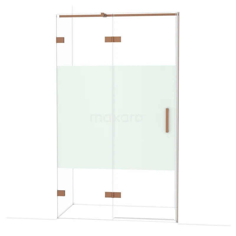 Diamond Douchedeur | 120 cm Koper Helder met matte strook Draaideur DDB21661323KP Glazen douchecabine met schuifdeur, matglas in het midden, goudkleurige accenten, ideaal voor een moderne badkamer.