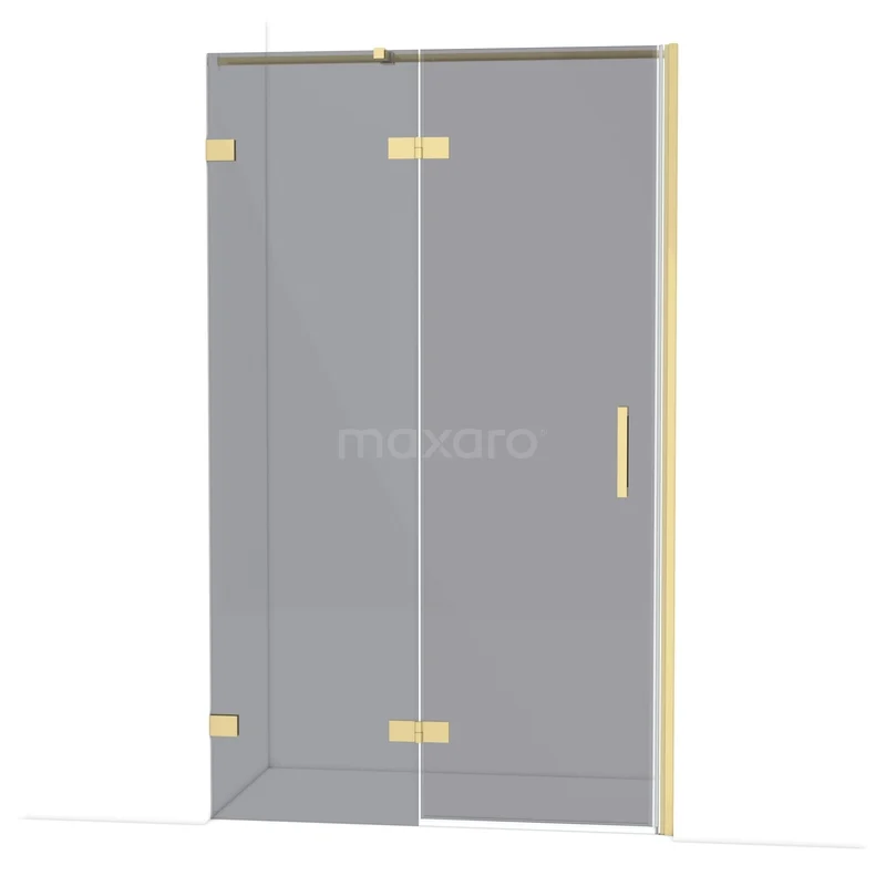 Gouden douchedeur met helder glas, scharnierend design. Elegant en geschikt voor moderne badkamers.
