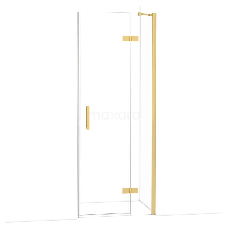 Glazen douchedeur met goudkleurig frame en scharnieren, elegant design perfect voor een luxe badkamer inrichting.