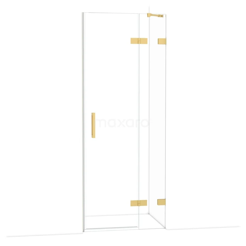 Douchedeur met goudkleurige details, helder glas en moderne uitstraling, perfect voor een stijlvolle badkamer.
