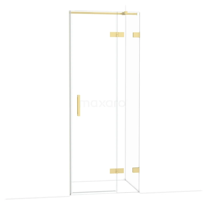 Glazen douchedeur met gouden scharnieren en handgreep, minimalistisch design, ideaal voor een moderne badkamer.
