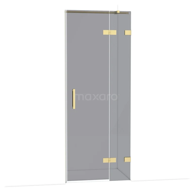 Glazen douchedeur met gouden scharnieren en handgreep, modern design voor een stijlvolle en functionele badkamer.