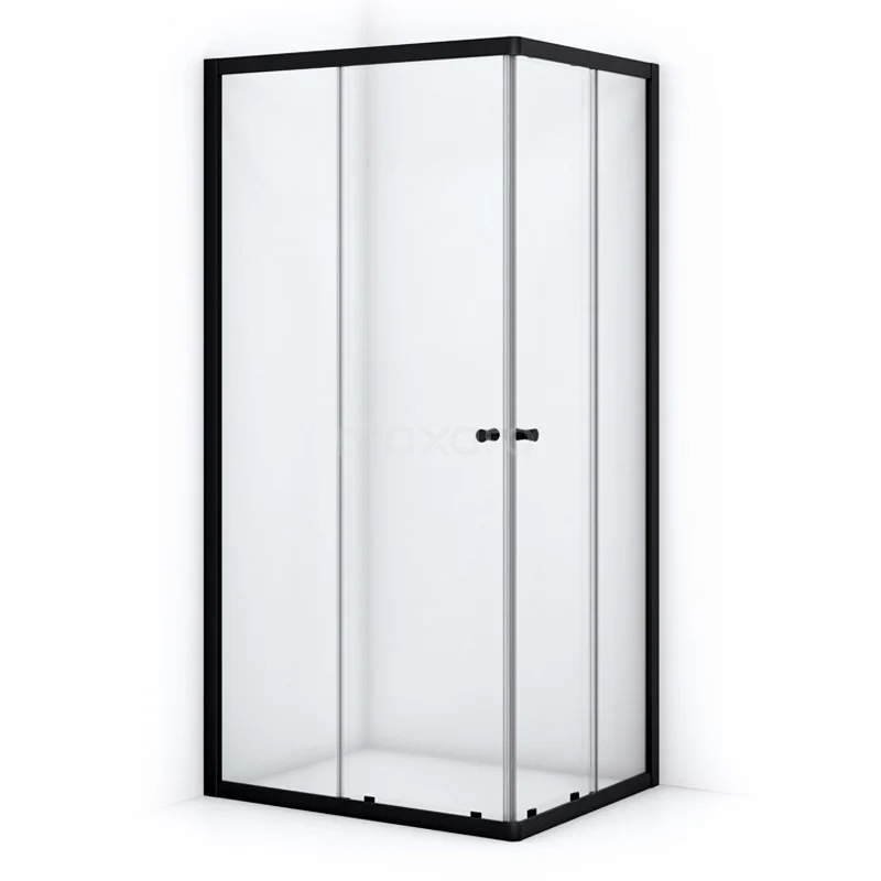 Shower enclosure with matt black frame, clear glass and sliding door, modern design. Perfect for stylish bathroom décor.