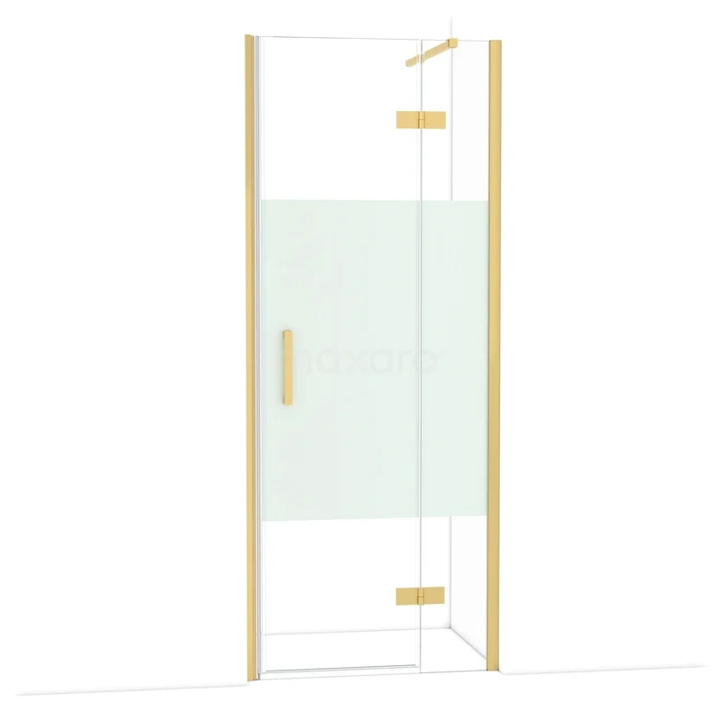 Gouden douchedeur met matglas en helder glas panelen, ideaal voor een stijlvolle badkamer.
