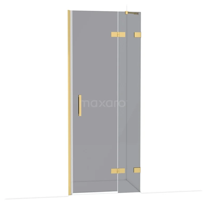 Glazen douchedeur met goudkleurige scharnieren en handgreep, luxe design voor moderne badkamers.