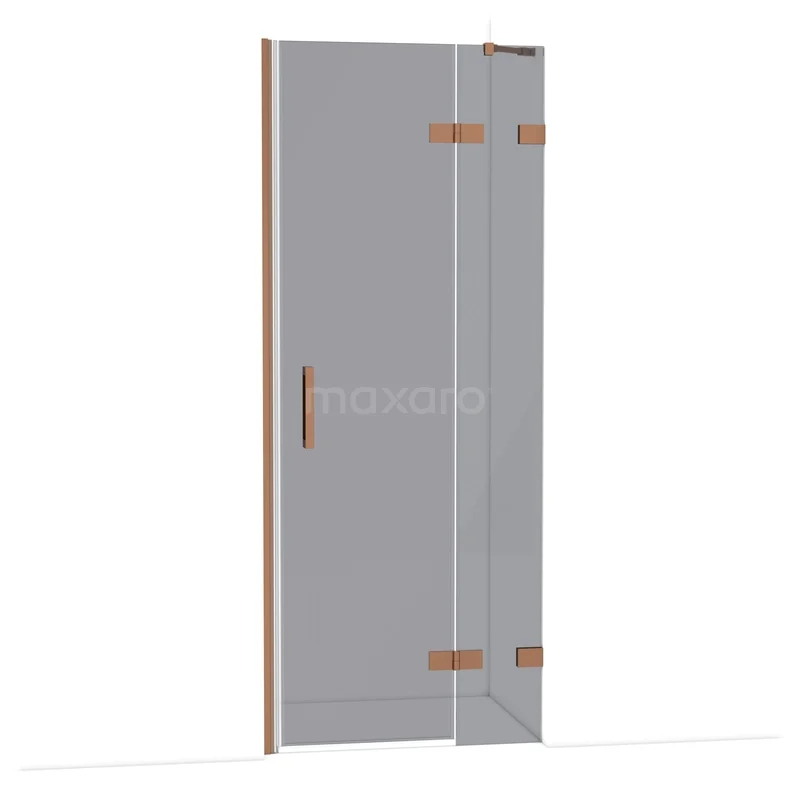 Glazen douchedeur met transparant ontwerp, houten handgreep en rosegoud scharnieren, ideaal voor een moderne badkamer.