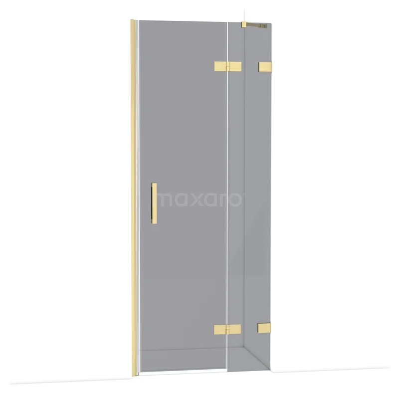 Glazen douchedeur met goudkleurige scharnieren en handgreep, modern ontwerp en ideaal voor een luxe badkamerstijl.