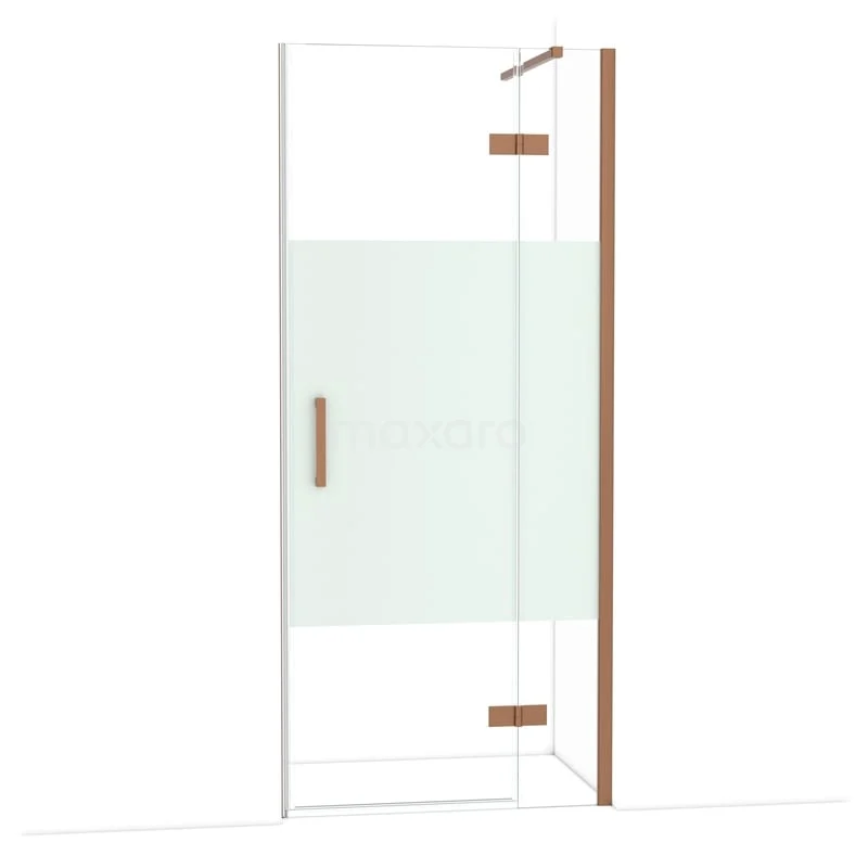 Diamond Douchedeur | 90 cm Koper Helder met matte strook Draaideur DDB22361113KP Glazen douchedeur met mat wit middenpaneel, roestvrijstalen details en houten accenten, ideale luxe toevoeging aan de badkamer.
