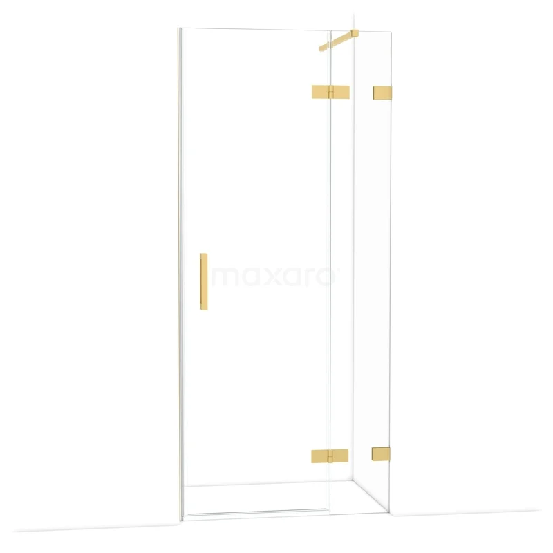 Glazen douchedeur met gouden scharnieren, hoekmodel, ideaal voor moderne badkamerstijlen.