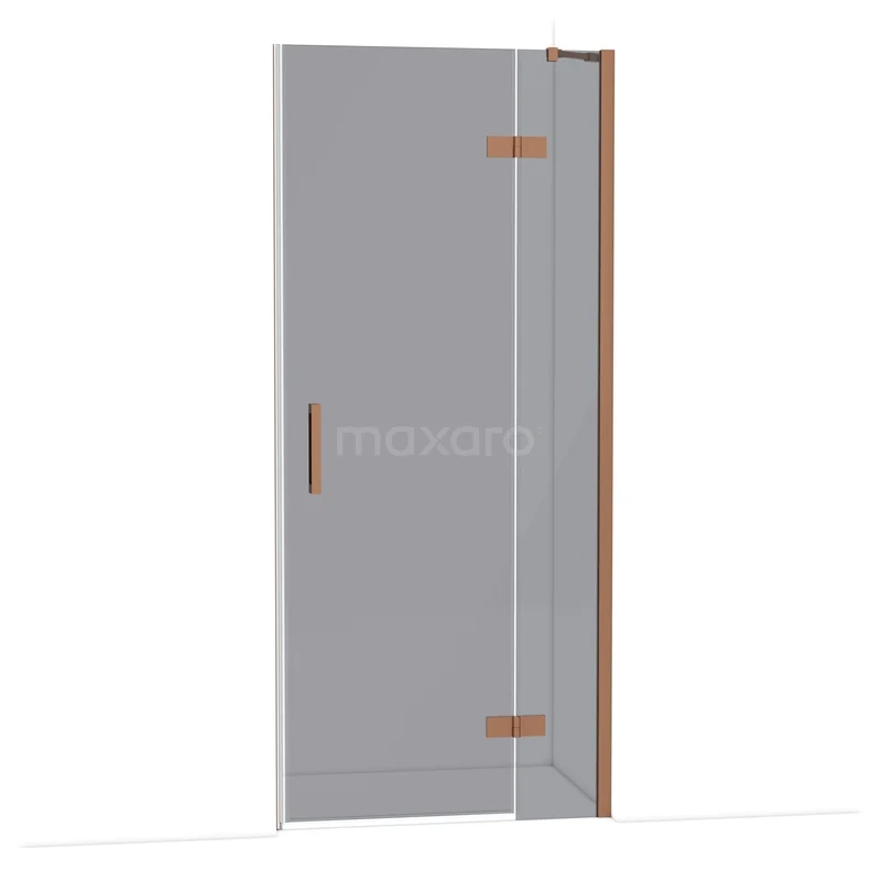 Diamond Douchedeur | 90 cm Koper Rookglas Draaideur DDB22361211KP Douchedeur van helder glas met houten accenten, modern design, perfect voor een stijlvolle badkameromgeving.