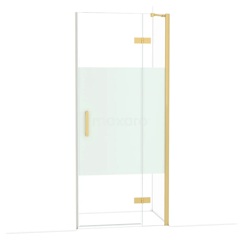 Diamond Shower door | 90 cm Gold Clear with matt strip Pivot door DDB22361213GG Glazen douchedeur met gouden scharnieren en handgreep, modern badkamerdesign, helder glas met mat middenstuk.