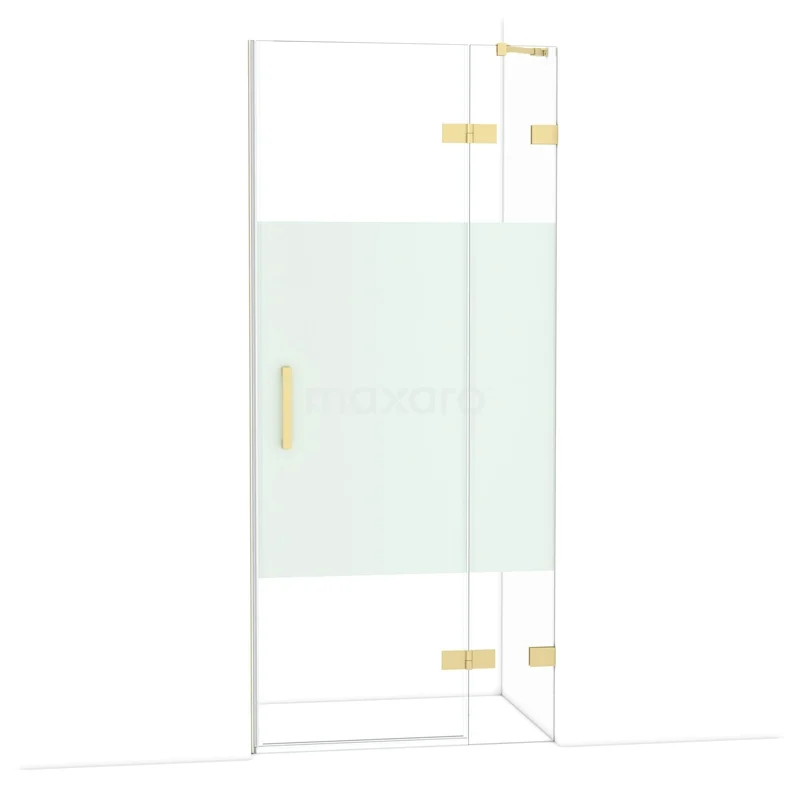Diamant-Duschtüren DDB22361223LG Duschtür Glas mit matt weißer Streifen, goldenen Scharnieren und Haltegriff; luxuriöses Badezimmerdesign und minimalistisches Erscheinungsbild.