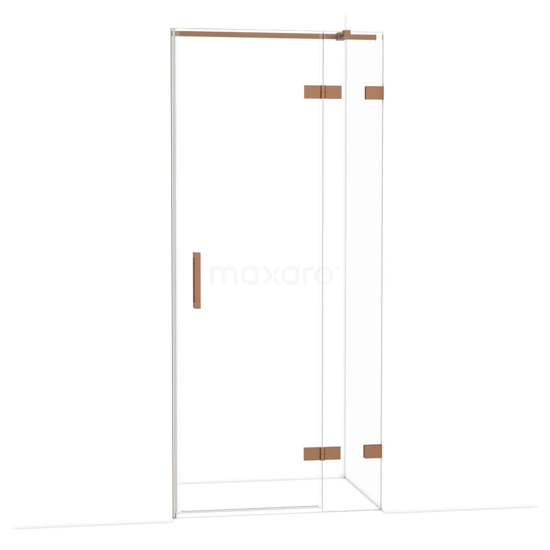 Diamond Douchedeur | 90 cm Koper Helder glas Draaideur DDB22361320KP Doorzichtige douchedeur met hoekopstelling, roségouden scharnieren, modern design, ideaal voor een luxe badkamer.