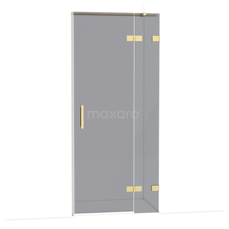 Grijze douchedeur met goudkleurige scharnieren, recht model van glas; ideaal voor een stijlvolle badkamer.