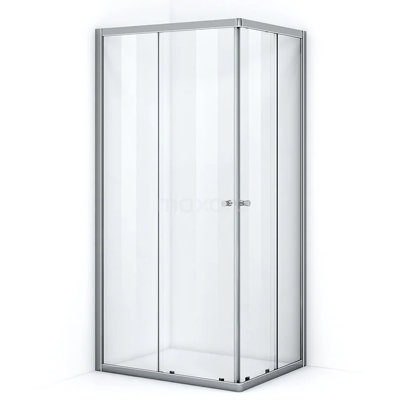 Hoekdouchecabine met transparant glas en zilverkleurig frame, ruimtebesparend ontwerp, ideaal voor moderne badkamers.