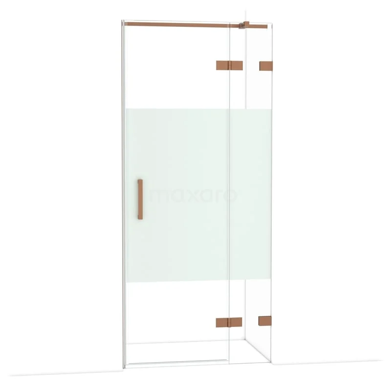 Diamond Douchedeur | 90 cm Koper Helder met matte strook Draaideur DDB22361323KP Glazen douchedeur met mat gedeeld ontwerp, messing accenten en strak profiel, perfect voor een moderne badkamerstijl.