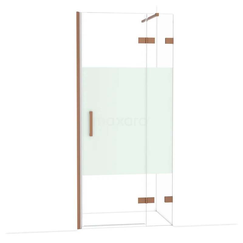 Diamond Shower door | 90 cm Copper Clear with matt strip Pivot door DDB22362123KP Glass shower door with frosted white panel, wooden accents and hinges, stylish design for a modern bathroom.