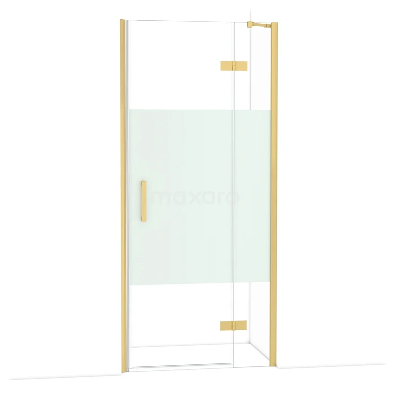 Diamond Douchedeur | 90 cm Goud Helder met matte strook Draaideur DDB22362213GG Glazen douchedeur met mat gouden frame en deels matglas, ideaal voor een luxe badkamerinterieur.