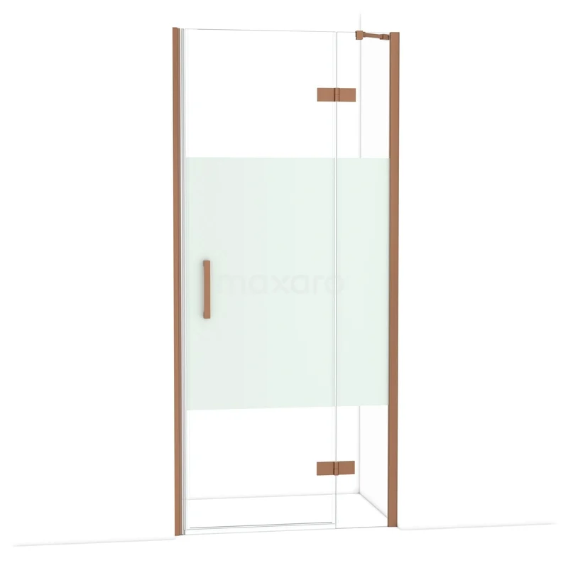Diamond Douchedeur | 90 cm Koper Helder met matte strook Draaideur DDB22362213KP Douchedeur met koperkleurig frame, helder en mat glas, modern design, ideaal voor een stijlvolle badkamer.