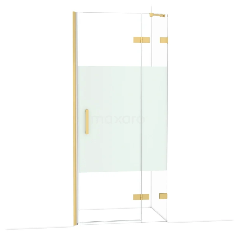 Diamond Douchedeur | 90 cm Goud Helder met matte strook Draaideur DDB22362223GG Gouden douchedeur met glazen panelen, mat middenstuk en scharnieren, perfect voor een luxe badkamerstijl.