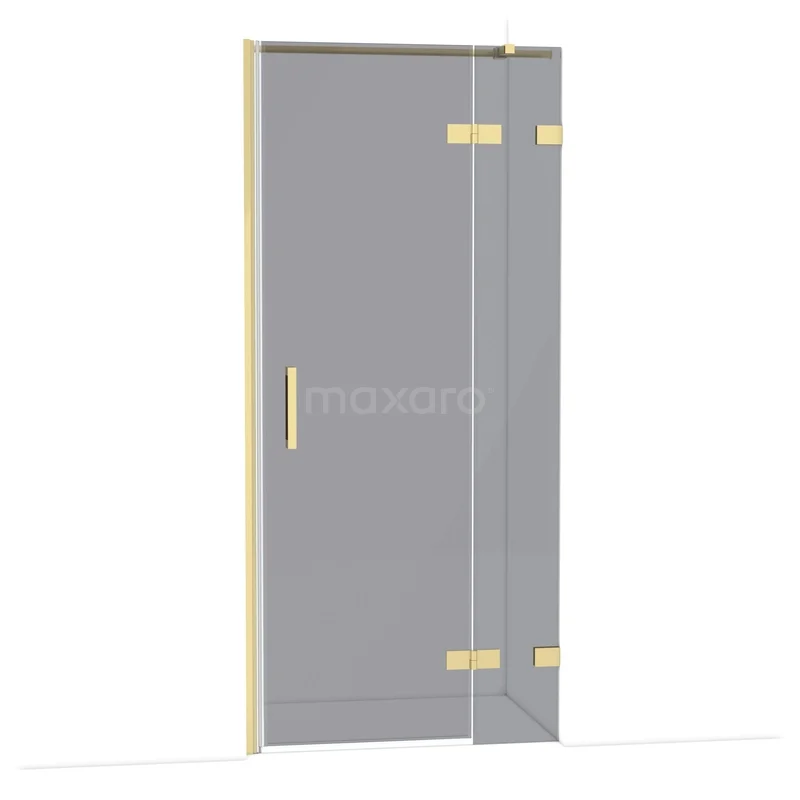 Glazen douchedeur met gouden scharnieren en handgreep, modern design voor een stijlvolle badkamerinrichting.