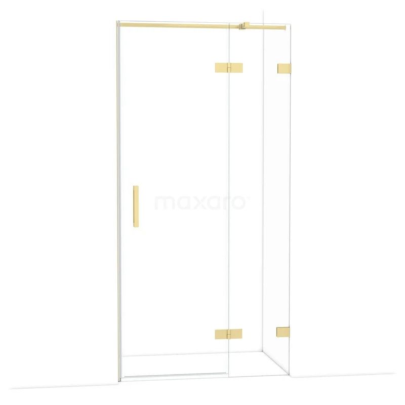 Douchecabine met helder glas, gouden scharnieren en handgreep, strak design. Perfect voor luxe badkamerinterieurs.