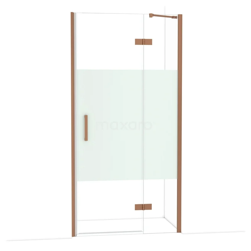 Diamond Douchedeur | 100 cm Koper Helder met matte strook Draaideur DDB22462213KP Glazen douchedeur met mat gedeelte, rosegouden frame en handgreep; stijlvol badkamerdesign, ideaal voor moderne badkamers.