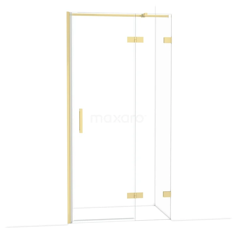 Gouden douchedeur met helder glas en hoekdesign, perfect als luxe toevoeging aan elke moderne badkamer.