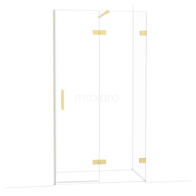 Diamond Douchedeur | 110 cm Lichtgoud Helder glas Draaideur DDB22651120LG Douchewand van helder glas met goudkleurige scharnieren, stijlvolle hoekopstelling voor een moderne badkamer inrichting.